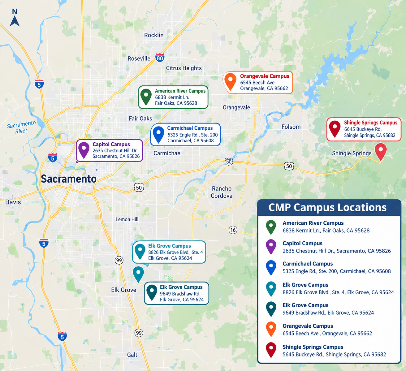 A map of the Sacramento area displaying various CMP Campus Locations with color-coded pins and addresses.